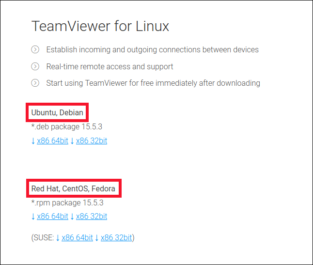 Os links de download do Ubuntu e Fedora no site do TeamViewer.