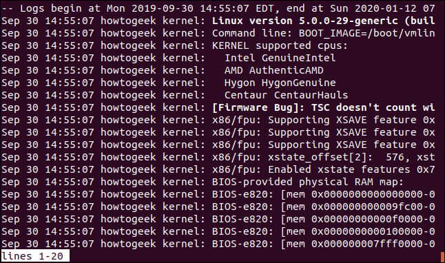 Saída de journalctl em uma janela de terminal