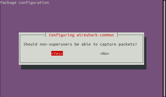 A tela de opções que permite que usuários não root executem o Wireshark, com "Sim" destacado.