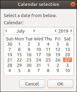 Uma janela do calendário Zenity de julho de 2019.