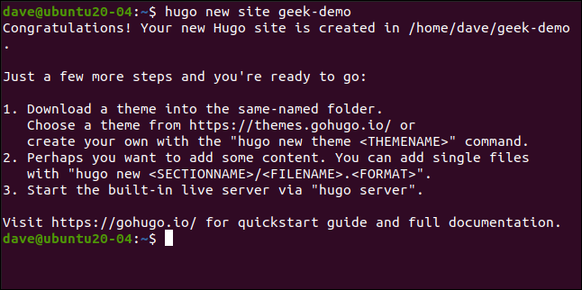 hugo novo site geek-demo em uma janela de terminal.