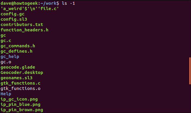 ls -1 em uma janela de terminal