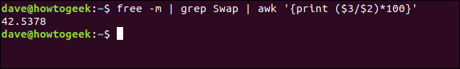 O comando "free -m | grep Swap | awk '{print ($ 3 / $ 2) * 100}'" em uma janela de terminal.