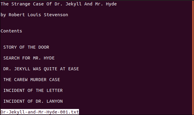 menos exibindo um arquivo de texto em uma janela de terminal