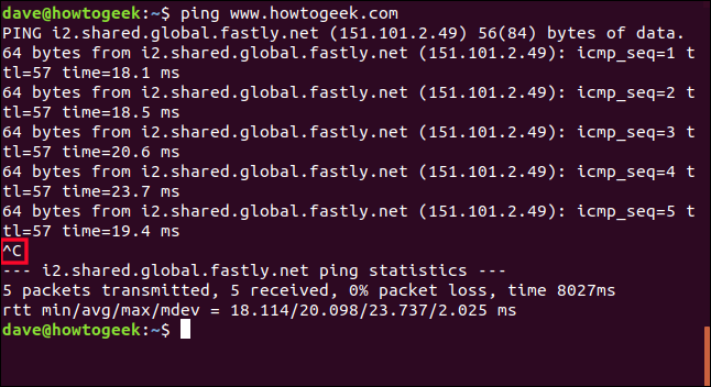 saída de rastreamento de ping em uma janela de terminal