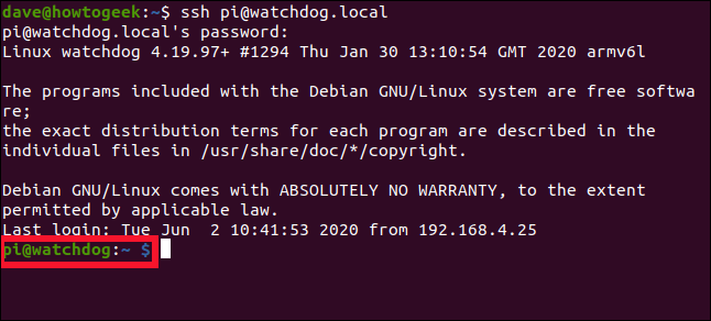Uma conexão SSH com um Raspberry Pi em uma janela de terminal.