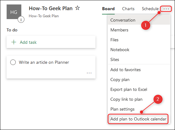 O menu de contexto do Planner com a opção "Adicionar plano ao calendário do Outlook" destacada.