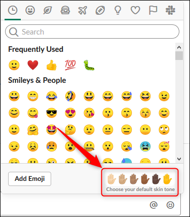 O painel de emoji com a escolha de tons de pele em destaque