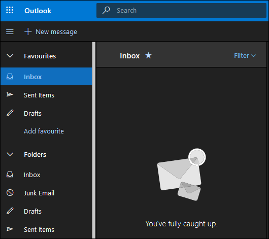 O Outlook Web App sendo exibido no modo escuro