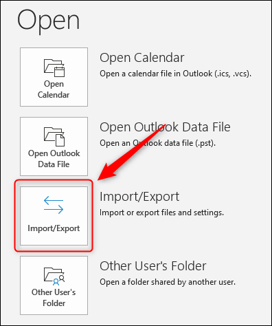 Opção "Importar / Exportar" do Outlook.