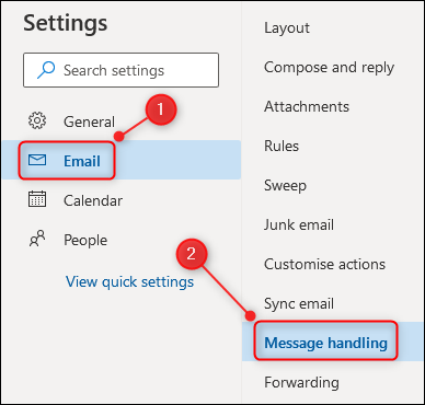 Configurações do Outlook, com a opção "Tratamento de mensagens" destacada.