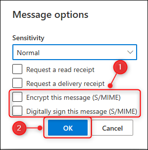 O painel de opções de Mensagem, com as opções de Criptografia e Assinatura Digital destacadas.