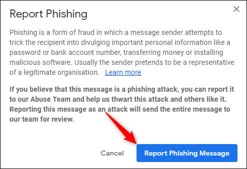 Clique em "Denunciar mensagem de phishing".