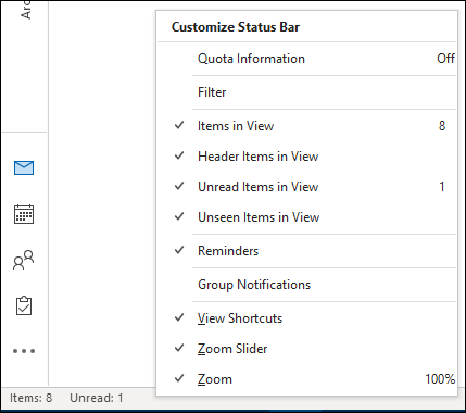 O menu "Personalizar barra de status".