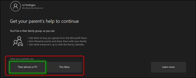 O menu "Peça a ajuda dos seus pais para continuar" do Xbox One.