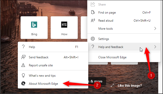 Abrindo a página Sobre do Edge, onde você pode atualizar o navegador.