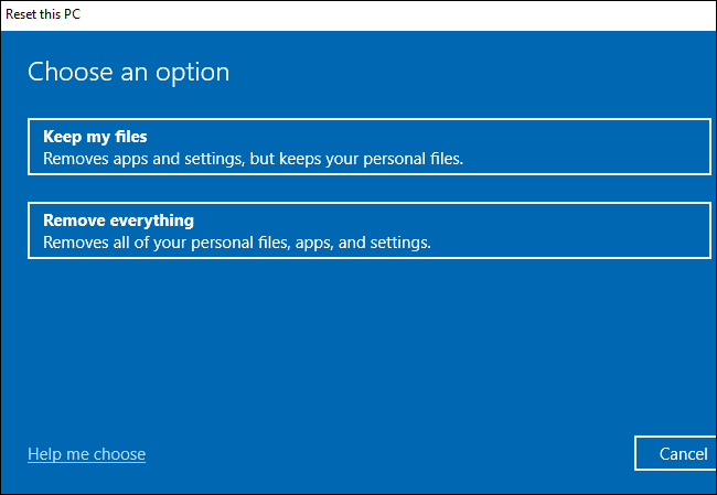 Escolher se deseja manter ou remover arquivos durante a redefinição do Windows 10.
