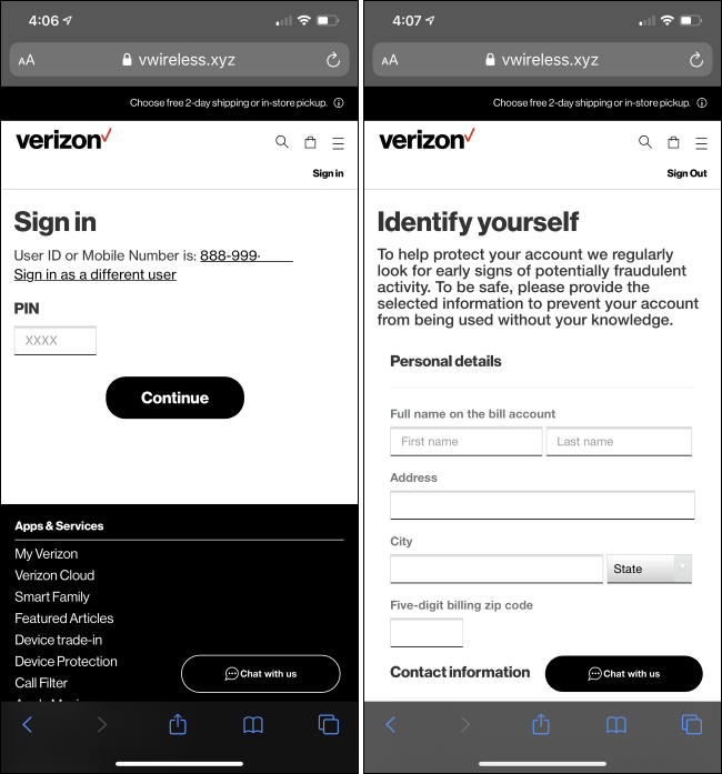 Um site de phishing que se faz passar pela Verizon.