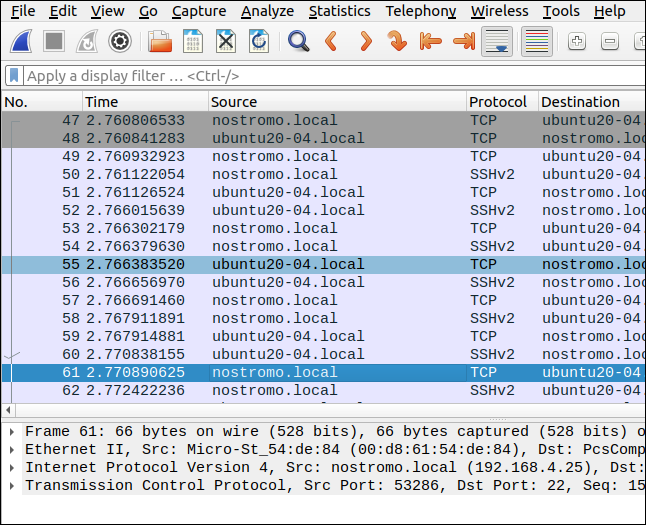 Wireshark mostrando uma conexão SSH entre dois computadores.