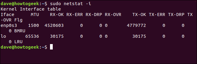 Tabela de interface de kernel em uma janela de terminal