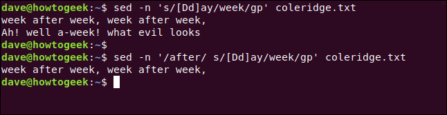 Os comandos "sed -n 's / [Dd] ay / semana / gp' coleridge.txt" e "sed -n '/ after / s / [Dd] ay / semana / gp' coleridge.txt" em uma janela de terminal .