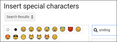 A barra de pesquisa "Inserir caracteres especiais" com "sorrindo" digitada e os emojis resultantes.
