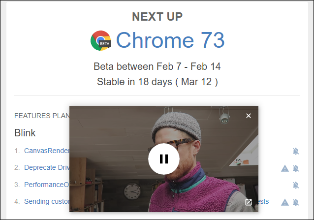Imagem em imagem no Google Chrome 73