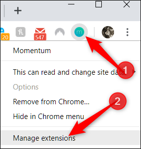 Clique com o botão direito do mouse no ícone da extensão e clique em gerenciar extensões
