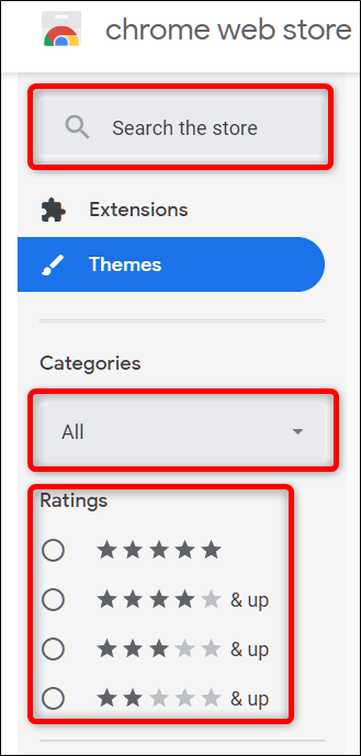 Encontre um tema usando a barra de pesquisa ou por categorias e classificação