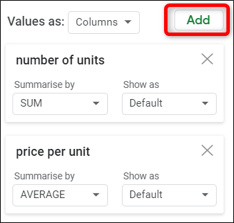 Ao lado de "Valores", clique em "Adicionar" e escolha os valores que deseja resumir em sua tabela.