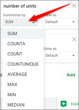 Clique no menu suspenso de qualquer valor para escolher como deseja que eles apareçam na tabela.