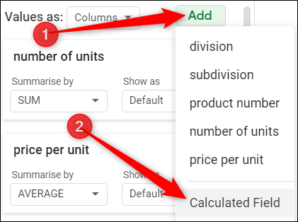 Para adicionar um resumo personalizado, clique em "Adicionar" ao lado do título Valores e em "Campo Calculado".