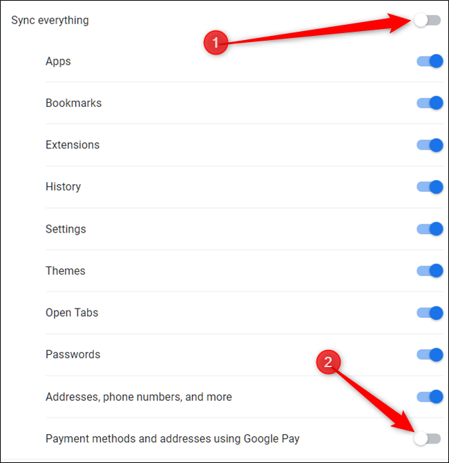 Primeiro, desative Sincronizar tudo e, em seguida, desative Métodos de pagamento e endereços usando o Google Pay