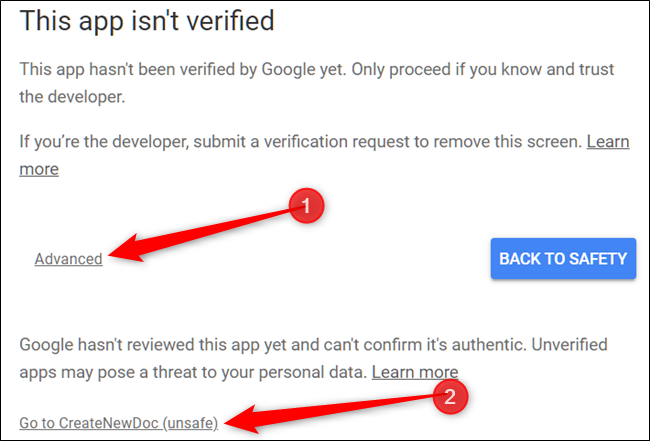 Um aviso do Google aparece informando que o aplicativo que você está executando não foi verificado por eles.  Clique em avançado e, em seguida, clique em Ir para CreateNewDoc