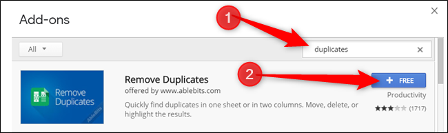 Digite Duplicados na barra de pesquisa e clique em Grátis no complemento que deseja instalar