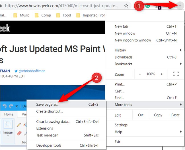 Clique no botão Menu, em Mais ferramentas e, por fim, clique em Salvar página como
