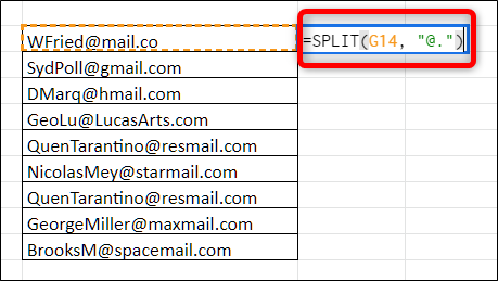 Clique em uma célula vazia e digite = SPLIT (cell_with_data, "@.") E pressione Enter