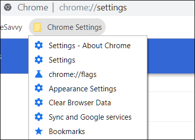 Exemplo de configurações do Chrome salvas para acesso rápido