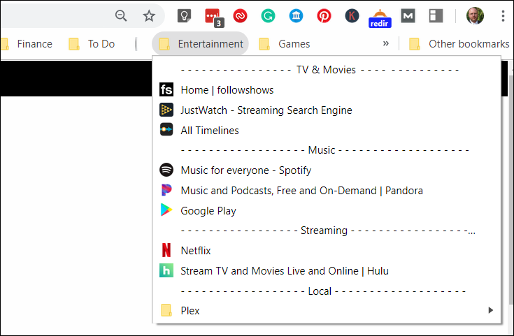 Exemplo de linhas horizontais usadas para separar favoritos em categorias organizadas