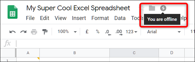 Quando offline, sua planilha mostra este ícone