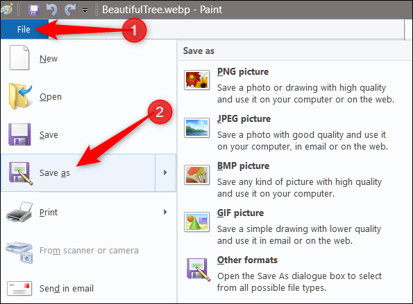 Para converter a imagem, clique em Arquivo> Salvar como e selecione o formato no qual deseja salvá-la