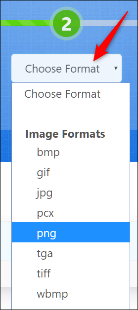 Clique no menu suspenso e selecione um formato de imagem para converter em