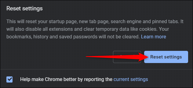 Leia o aviso de isenção de responsabilidade e clique em Redefinir configurações.