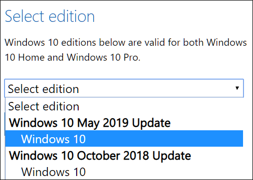 Selecione uma edição do Windows 10 para fazer o download.
