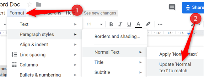 Clique em "Formatar", clique em "Estilos de parágrafo", selecione "Texto normal" e clique em "Atualizar 'Texto normal' para corresponder".