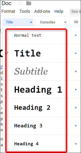 O menu suspenso de fontes de títulos e cabeçalhos.
