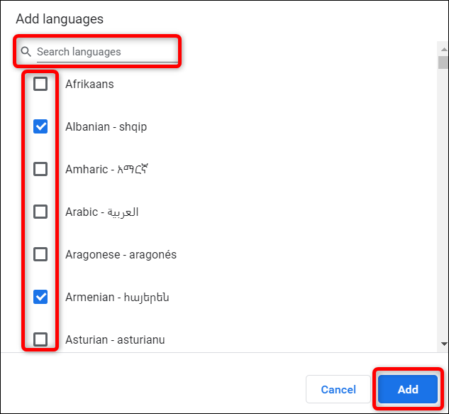 Encontre o seu idioma preferido com a caixa de pesquisa ou percorrendo a lista, marque a caixa ao lado dele e clique em "Adicionar".