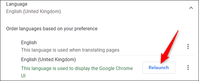 Depois de selecionar o idioma como padrão, reinicie o Chrome ao clicar em "Reiniciar".