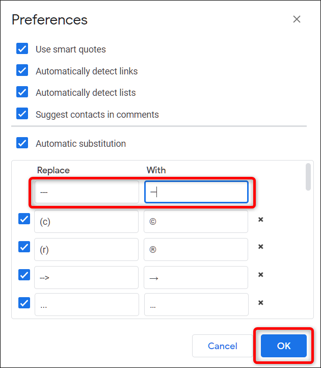 Nas seções abaixo, digite dois ou três hifens no campo "Substituir" e cole o traço correspondente que você copiou no campo "Por", usando Ctrl + V.