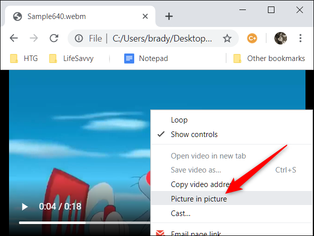 Como alternativa, se você não quiser instalar a extensão, clique com o botão direito do mouse no vídeo e, a seguir, clique em "imagem na imagem" no menu de contexto.
